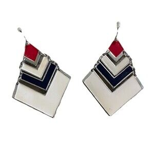 Geometric Chevron Tiered Dangle Earrings Silver Tone Red White Navy Blue Enamel